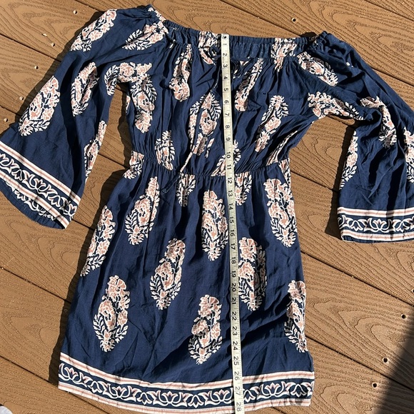 Boho cute navy/tan off shoulder tie front mini dress SZ M - Picture 7 of 10
